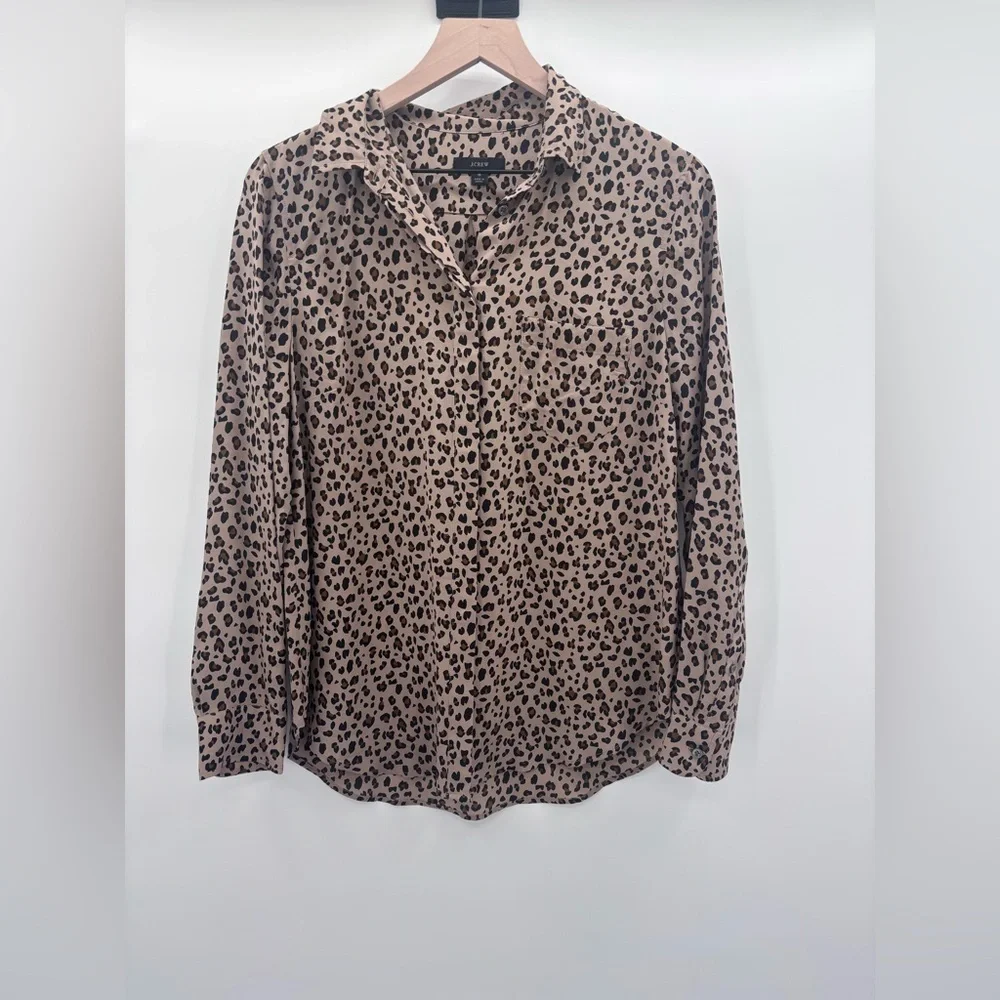 J. Crew 100% Silk Leopard Animal Print Button Up Blouse Shirt Size 8